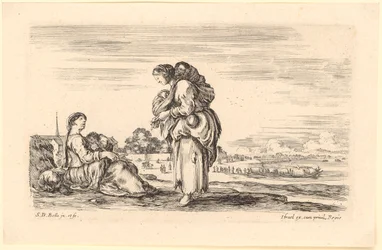 Standing Woman with Two Children in Slings Speaking with a Seated Woman with Child