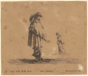 Standing man with hat and feather, wrapped in his cloak, behind him a woman walking to the left