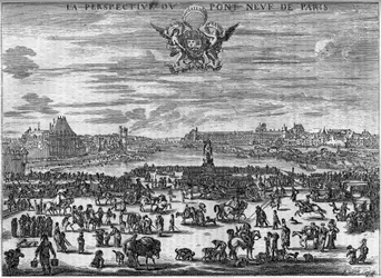 The land of the Pont Neuf de Paris in 1646 after the engraving of Dela Bella
