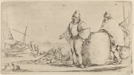 Two Sailors Standing near a Large Bale of Merchandise