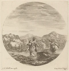 Two Women Fording a Creek with a Herd of Cows
