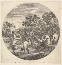 Two Satyrs and a Faun Seated to Right Watching Two Child Satyrs and Another Satyr