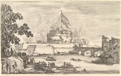View of the Tiber River, a large tree to left, two groups of women to left in the foreground, ca. 1656