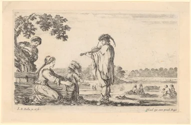 Violinist and Seated Woman with Child by a Body of Water