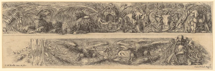 Two Friezes, above with a military trophy in the centre, flanked by leopards on the left, dogs and a stag