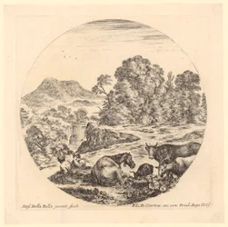 Two Shepherds with Their Flock in a Rocky Landscape with Waterfall