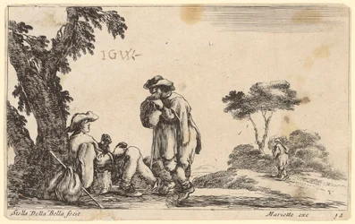 Two pilgrims resting by a tree