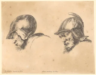 Two Portraits of Bearded Men with Helmets in Profile Facing Left