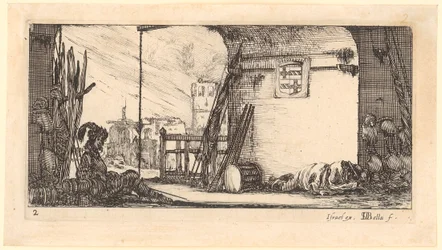 Two soldiers with armour and weapons beneath an archway