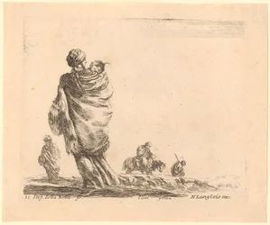 Two women walking to the left, seen from behind, with a woman on a donkey and a man facing right in the background