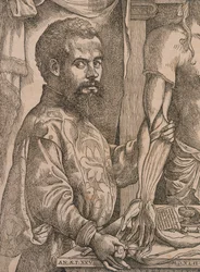 Andreas Vesalius dissecting the muscles of the forearm of a cadaver