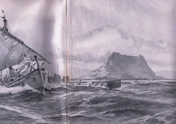 German submarine travelling through the straits of Gibraltar on the way to the Dardanelles, from The Illustrated History of the World War 1914-1915