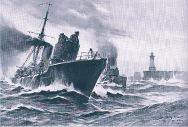 Patrol boats and minesweepers sailing out of the port of Zeebrugge, from The Illustrated History of the World War 1914-1915