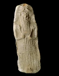Sumerian art: warrior god with the ears of cattle in his coffin, probably the Mesopotamian god Dumuzi