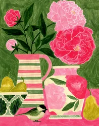 Vibrant Peonies And Bird
