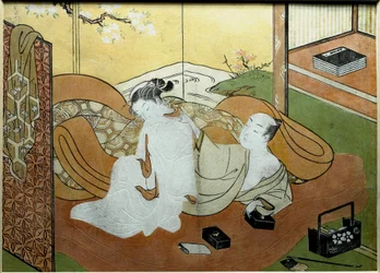 Couple of lovers lying in an interior with screen, Nishiki-e print by Suzuki Harunobu (1725-around 1770), approx. 1765. 20.6 x 27.8 cm, private collection