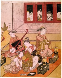 Courtesans playing music, exposed to the eyes of voyeurs. Japanese print by Suzuki Harunobu (1725-1770). Around 1769. Dimensions: 0.27 x 0.21 m. Paris, Guimet Museum, National Museum of Asian Arts