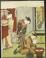 Figures in an Interior, a Courtesan Looking at Her Shinzo Who is Reading a Love Letter