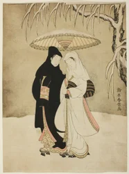 Lovers Beneath an Umbrella in the Snow