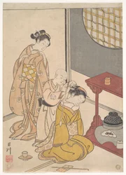 Night Rain at the Double-Shelf Stand, from the Series Eight Parlor Views (Zashiki hakkei)
