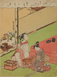 Oiran Smoking a Pipe and Her Drowsing Attendant