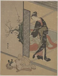 Young Lady Looking through Door at Her Kamuro (Little Servant) who is Asleep on the Floor