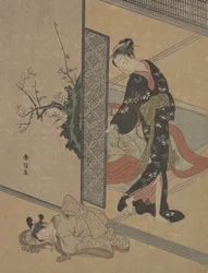 Young Lady Looking through Door at Her Kamuro Little Servant who is Asleep on the Floor
