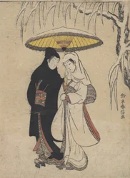 Young Lovers Walking Together Under an Umbrella in a Snow Storm Crow and Heron