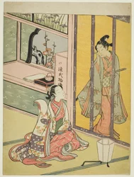 Young Man and Woman Talking through a Bamboo Blind
