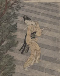 Young Woman Climbing Stone Stairs to a Shinto Temple