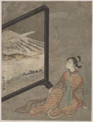 Young Woman with a Pipe in Her Hand Gazing at Landscape Painted on a Screen