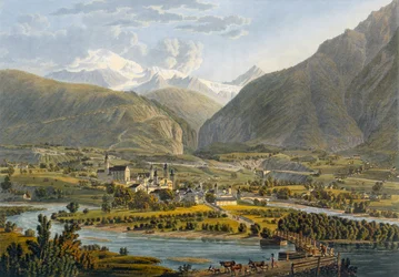 Brig on the Rhone, Bernese Alps, Switzerland, from Picturesque Voyage from Geneva to Milan, 1819