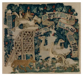Tapestry cushion cover depicting the Fox, possibly the Wolf, preaching to the geese
