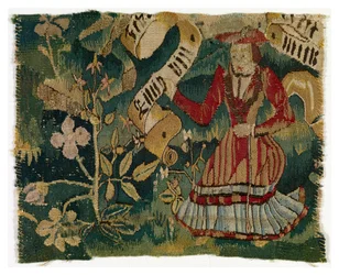 Tapestry Fragment Depicting Tree and Woman Holding Scroll