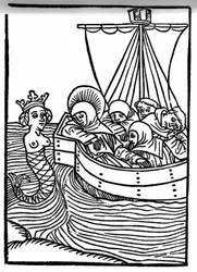 The Legend of Saint Brendan (Brandan), hero and Irish saint of the 6th century. All monks fall asleep at the singing of the Sirens. Engraving of "Die Wunderbare Meerfahrt des Hl. Brandan." Bale