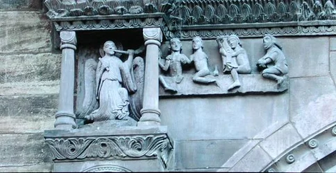 The dead leaving their tombs as an angel blows a trumpet (detail)