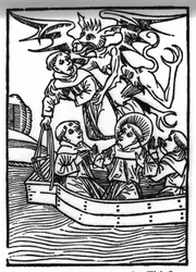 The legend of Saint Brendan, hero and Irish saint of the 6th century. The devil takes away the thief monk. Engraving of 