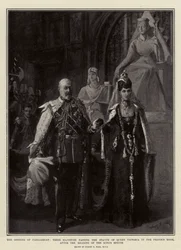 The Opening of Parliament, Their Majesties passing the Statue of Queen Victoria in the Prince