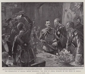 The Presentation to Colonel Hector MacDonald, the Duke of Atholl Buckling on the Sword of Honour