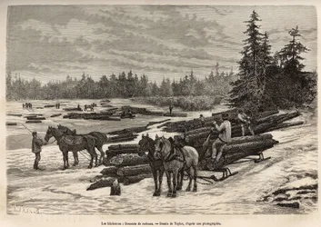 The descent of the rafts in Ontario, the loggers unload the cut trunks and install them on the frosty river, then during the thaw, the trunks will be carried by the current to the place where they will be discharged and transformed, engraving after a draw