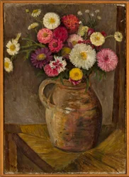 Asters and Zinnias in a Clay Jug