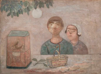 Children in Front of a Cage with Birds