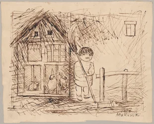 Child beneath a Cage with Rabbits