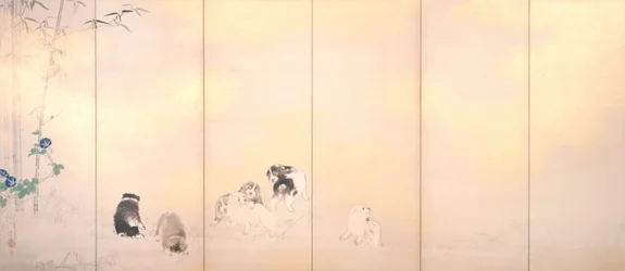 Screen of Wisteria and Morning Glory with Dogs
