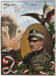 Allegory about Major Francesco Baracca, hero of the Italian Air Force who died in battle in 1918. Drawing by Tancredi Scarpelli