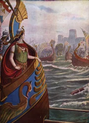 Antiquity, Roman Civil War: Egyptian Queen Cleopatra VII Thea Philopator (69-30 BC) at the Battle of Actium in the Ambracic Gulf on 2 September 31 BC against the Fleet of Octavian
