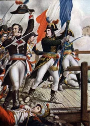 First Italian Campaign: Napoleon Bonaparte (1769-1821) at the Battle of the Bridge of Arcole, November 1796 (Illustration by Tancredi Scarpelli from Storia d