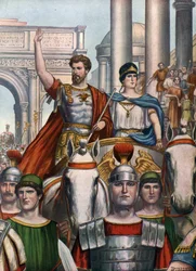 Roman Antiquity: Emperor Septimius Severus (145-211) returns to Rome with his wife Julia Domna (170-217) in 193 AD