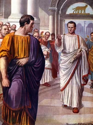 The Roman Statesman Cicero (Marcus Tullius Cicero) (106-43 BC) Crosses the Conspirator Catiline (Lucius Sergius Catilina) (108-62 BC), Whom He Denounces in 63 BC During the Speeches of the Catilinaries. Illustration by Tancredi Scarpelli (1866-1937)
