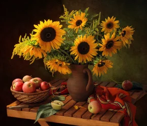 Autumn Sunflowers and Apples